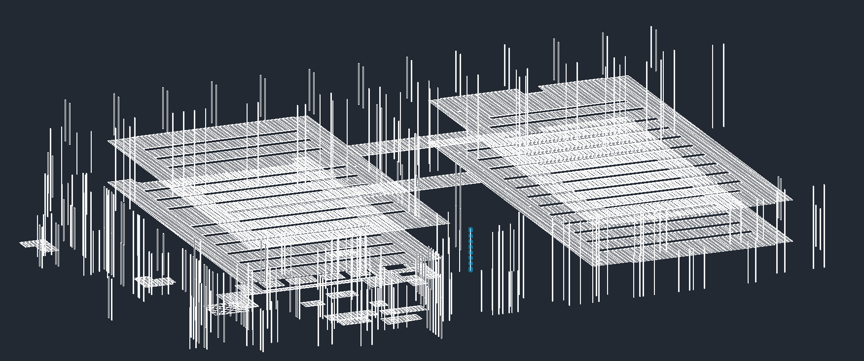 Isolated 3D view of ceiling-grid and king-stud geometry for the anonymous data-center project
